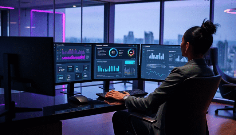 Uma pessoa, de costas, está sentada em frente a três monitores de computador em um ambiente de escritório moderno. Os monitores exibem gráficos e dados analíticos em um tema escuro, com destaques em azul e roxo. O escritório possui uma grande janela que revela uma vista da cidade, iluminada por luzes ao fundo. A decoração é contemporânea, com um toque de iluminação em neon. A pessoa usa um terno e está focada nas informações na tela, utilizando um mouse e teclado.