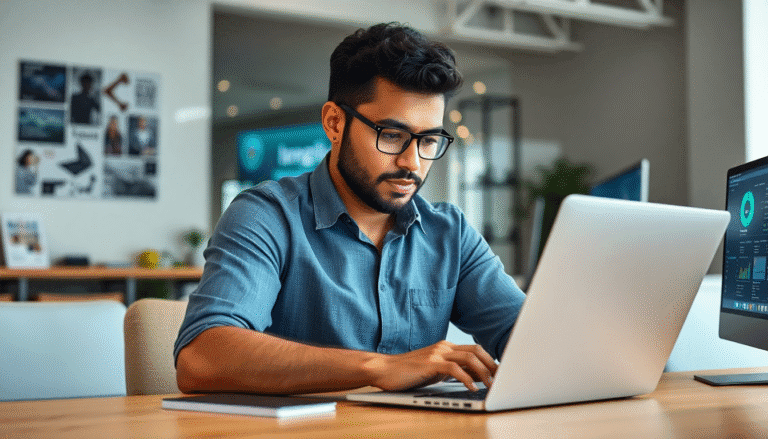 Um jovem homem com barba e óculos está concentrado em seu laptop em um ambiente de trabalho moderno. Ele veste uma camisa azul e está sentado à mesa de madeira, cercado por uma decoração minimalista e paredes com gráficos e imagens. Na mesa, há também um bloco de notas e um monitor externo exibindo dados analíticos. O local parece bem iluminado e arejado, sugerindo um espaço de trabalho colaborativo.