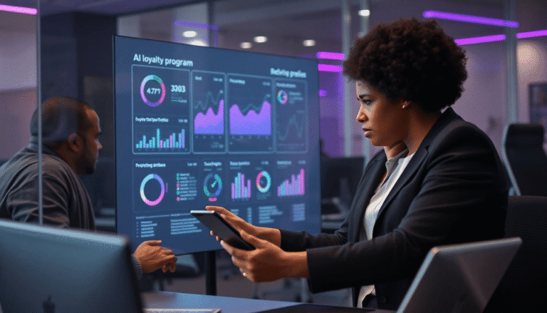 A imagem apresenta uma mulher com cabelo volumoso e afro, concentrada em um tablet enquanto observa uma tela grande que exibe gráficos e dados sobre um programa de fidelidade baseado em inteligência artificial. Ao fundo, um homem sentado, também em frente a uma tela, parece estar envolvido em conversas ou análises. O ambiente é moderno, com luzes roxas e um design contemporâneo, enfatizando um espaço de trabalho colaborativo e tecnológico.