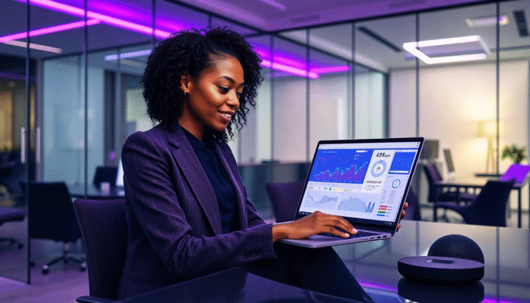 Uma mulher sentada em uma mesa de escritório moderno, sorrindo enquanto trabalha em um laptop. Ela usa um terno escuro e está analisando gráficos e dados em uma tela. Ao lado do laptop, há um dispositivo de assistente virtual. O ambiente é bem iluminado, com luzes coloridas roxas e uma decoração contemporânea, incluindo mesas e cadeiras de escritório ao fundo.