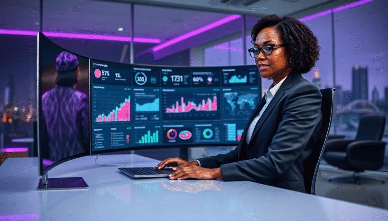 Uma mulher com cabelo cacheado e óculos está sentada em uma mesa moderna de escritório, concentrada em seu trabalho. À sua frente, um monitor curvo exibe uma série de gráficos e dados financeiros em um ambiente de escritório elegante, com iluminação em tons de roxo ao fundo. A vista pela janela mostra uma cidade iluminada à noite, criando um contraste entre a tecnologia e o cenário urbano.