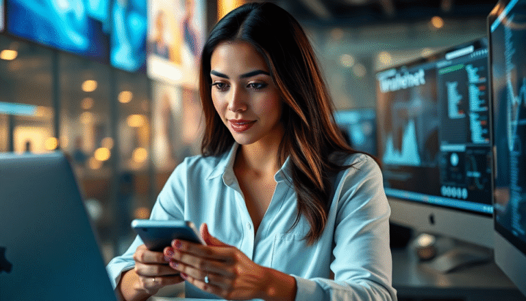 Uma mulher com cabelo longo e liso está sentada em uma mesa moderna, olhando atentamente para seu smartphone. Ela usa uma camisa azul clara e parece concentrada. Ao fundo, há dois monitores de computador exibindo gráficos e dados, sugerindo um ambiente de trabalho relacionado a tecnologia ou finanças. A iluminação é suave e cria uma atmosfera profissional e contemporânea.