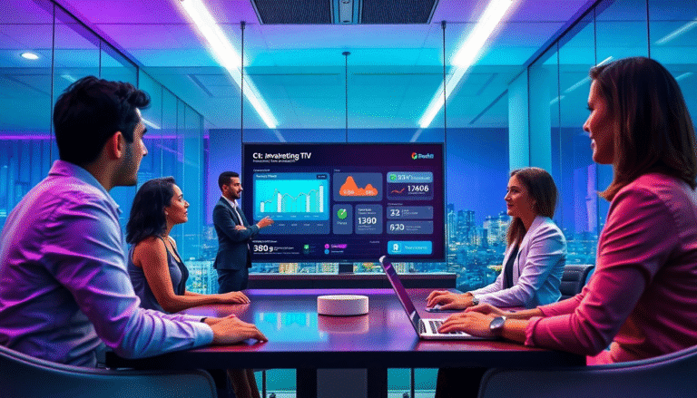 Em uma sala de reuniões moderna, cinco profissionais estão reunidos em torno de uma mesa com laptops. Ao fundo, uma grande tela exibe gráficos e dados relacionados a marketing na TV. A iluminação do ambiente é vibrante, com tons de azul e roxo, refletindo as luzes da cidade visíveis através das janelas de vidro. Um dos participantes, um homem em pé, parece apresentar as informações na tela para os colegas, que escutam atentamente, com expressões de interesse e foco.