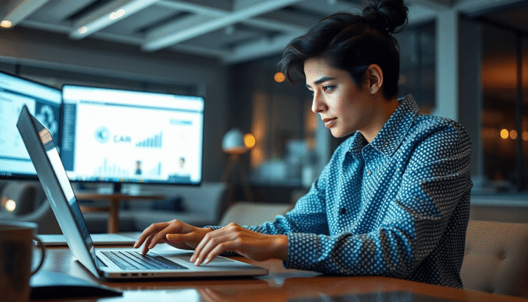 Uma jovem mulher sentada em uma mesa de escritório moderna, focada enquanto trabalha em um laptop. Ela está vestindo uma camisa azul com padrões brancos e parece concentrada em sua atividade. Ao fundo, dois monitores exibem gráficos e dados, criando uma atmosfera de um ambiente profissional e analítico. Há uma caneca de café ao lado do laptop, e a iluminação suave realça o cenário, sugerindo um trabalho noturno.