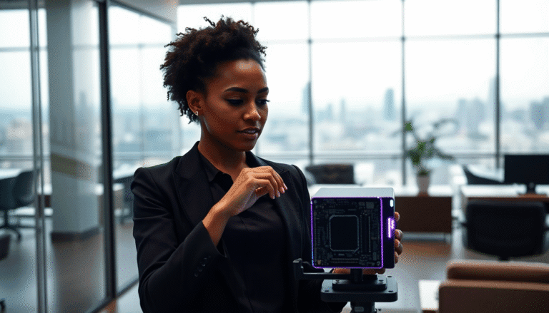 Uma mulher com cabelo cacheado e bem estilizado, vestindo um blazer preto, examina atentamente um dispositivo eletrônico que possui circuitos expostos, em um ambiente de escritório moderno. Ao fundo, grandes janelas oferecem uma vista panorâmica da cidade, enquanto mesas e cadeiras de escritório são visíveis. A iluminação é suave, destacando o foco da mulher em sua tarefa.