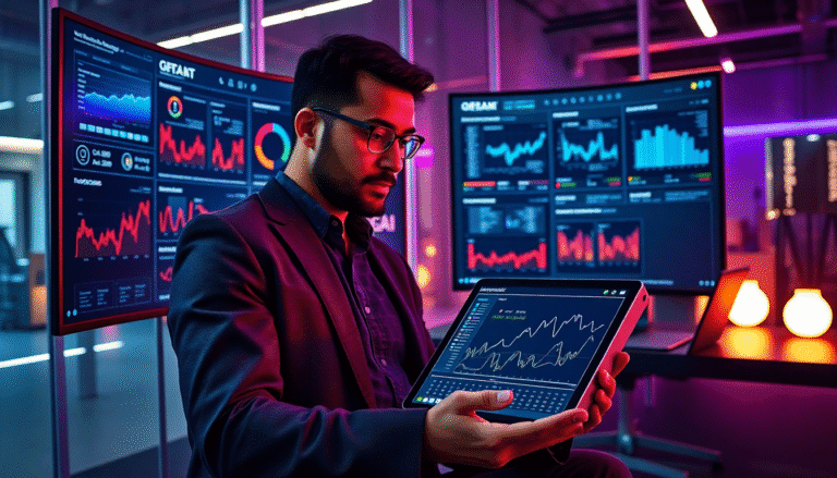 Um profissional sentado em um ambiente moderno, cercado por telas que exibem gráficos e dados analíticos. Ele usa óculos e segura um tablet, observando atentamente as informações na tela. O ambiente é iluminado com luzes de cores vibrantes, criando uma atmosfera tecnológica e sofisticada.