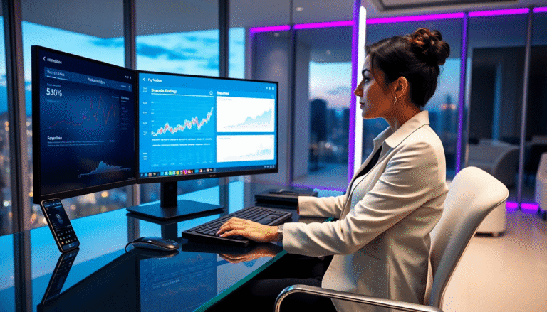 Uma mulher está sentada em um escritório moderno, focada em suas atividades. Ela utiliza um computador com duas telas que exibem gráficos e dados financeiros, rodeada por um ambiente urbano iluminado ao fundo. Em sua mesa, há um smartphone e um teclado. As paredes refletem uma iluminação suave e colorida, criando uma atmosfera contemporânea e profissional.