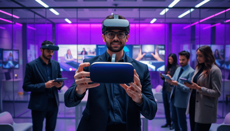 Um grupo de pessoas em um ambiente moderno e bem iluminado, decorado com luzes roxas. No primeiro plano, um homem sorridente segura um headset de realidade virtual, parecendo animado para usá-lo. Ao fundo, outros indivíduos estão envolvidos em atividades diversas, como conferir dispositivos móveis. As telas ao fundo exibem conteúdos relacionados à tecnologia e inovação, criando um ambiente de colaborações e demonstrações tecnológicas.
