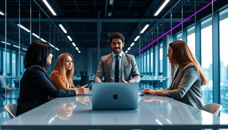 *Descrição alternativa*: Quatro profissionais estão participando de uma reunião em uma sala de conferência moderna. Um homem, vestido com um terno cinza e gravata, está em pé à frente, falando com confiança. Três mulheres o escutam atentamente, cada uma vestindo roupas de trabalho elegantes. Uma delas, com cabelo escuro, está à esquerda, enquanto outra, com cabelo louro, faz anotações. A terceira mulher, com cabelo castanho claro, está na extrema direita, segurando um tablet. Ao centro, uma mesa de vidro reflete a iluminação do ambiente, que é bem iluminado e tem grandes janelas com vista para a cidade.