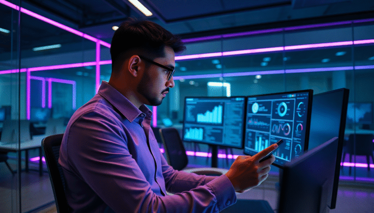 Um profissional está sentado em frente a várias telas em um ambiente de escritório moderno. Ele usa óculos e veste uma camisa roxa, enquanto analisa informações em um dispositivo móvel. As telas exibem gráficos e dados, com uma iluminação de fundo em tons de rosa e azul, criando uma atmosfera tecnológica e dinâmica.