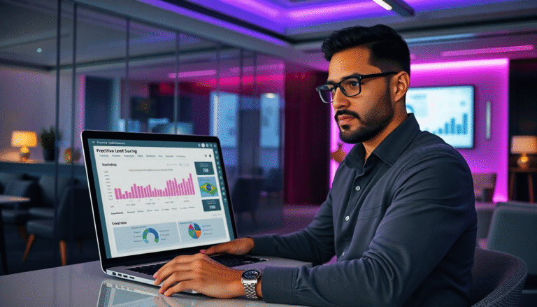 Um homem jovem, com barba e óculos, está sentado em uma mesa moderna, concentrado em seu laptop. A tela do computador exibe gráficos e dados de análises, com um layout organizado e cores variadas, indicando informações sobre tendências e estatísticas. O ambiente ao redor é elegante, com iluminação suave em tons de roxo e detalhes contemporâneos, criando uma atmosfera profissional e moderna.