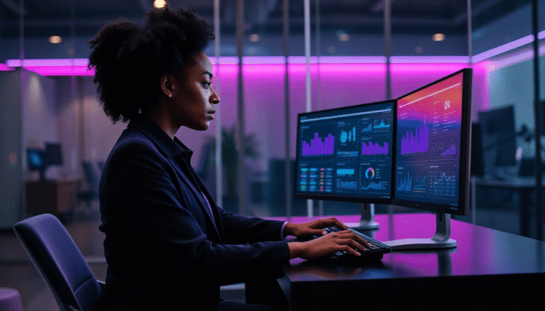 Uma mulher com cabelos crespos está concentrada em seu trabalho em um ambiente moderno e bem iluminado. Ela está sentada em uma cadeira, digitando em um teclado enquanto analisa dois monitores à sua frente, que exibem gráficos e dados em tons de roxo e azul. O ambiente ao redor sugere um espaço de trabalho tecnológico, com prateleiras e equipamentos ao fundo. A iluminação é suave, criando uma atmosfera focada e profissional.