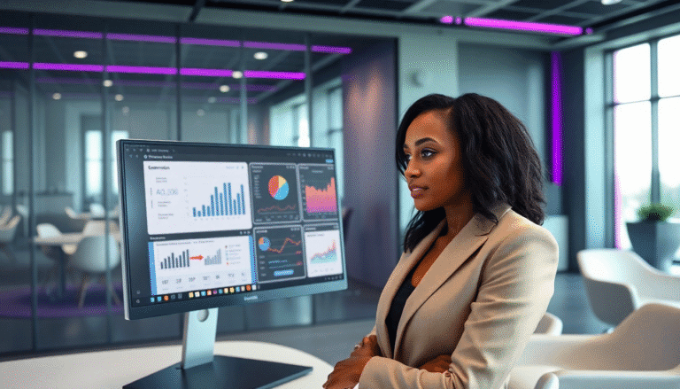 Uma mulher jovem, vestindo um blazer claro, está em pé ao lado de um monitor com gráficos e dados analíticos exibidos. Ela observa atentamente a tela, que mostra diversas representações gráficas de informações, como gráficos de barras e gráficos de linhas. O ambiente ao redor é moderno, com mesas e cadeiras brancas, e uma iluminação suave e colorida, criando uma atmosfera profissional e contemporânea.