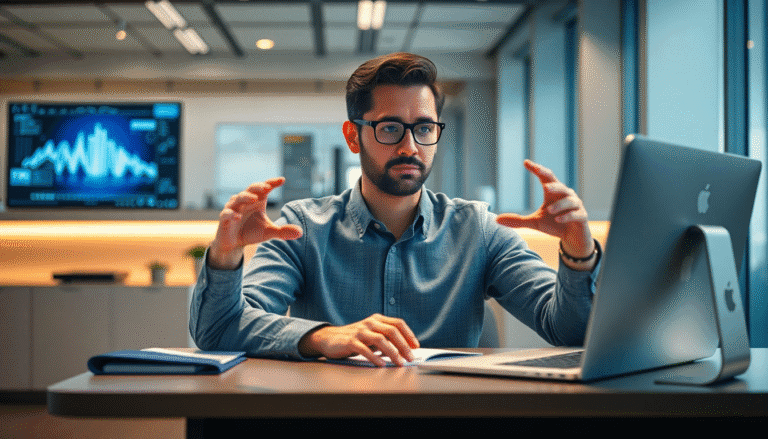 Um homem está sentado em uma mesa de escritório moderno, com um computador iMac à sua frente. Ele usa uma camisa azul e óculos, enquanto gesticula com as mãos, demonstrando um ponto ou explicando uma ideia. Ao fundo, há uma tela grande exibindo gráficos e dados relacionados a análises. O ambiente é iluminado de forma suave, combinando elementos contemporâneos de design.