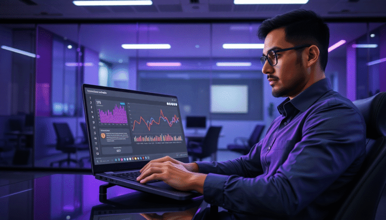 Um homem, sentado em uma cadeira de escritório moderna, está concentrado em seu laptop. A tela do dispositivo exibe gráficos e dados analíticos em um ambiente de escritório bem iluminado com luzes em tons de roxo. Ele usa uma camisa de botão escura e óculos, e seu foco indica que está analisando informações importantes. Ao fundo, é possível ver mais mobiliário de escritório, criando uma atmosfera profissional e contemporânea.