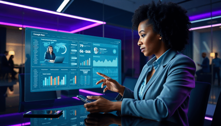 Uma mulher com cabelo cacheado e vestido com um terno azul está sentada em uma mesa moderna, interagindo com um smartphone enquanto observa um grande monitor com gráficos e dados analíticos. O ambiente é sofisticado e iluminado por luzes roxas, destacando um espaço de trabalho tecnológico. O monitor exibe informações sobre marketing digital e desempenho, com imagens e gráficos coloridos. Ao fundo, outras pessoas estão envolvidas em discussões, criando uma atmosfera de colaboração profissional.
