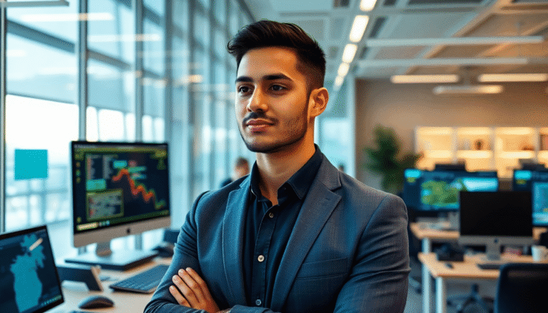 Um homem jovem, vestido com um terno azul escuro, está em pé em um ambiente de escritório moderno. Ele tem uma expressão confiável e serena, com os braços cruzados. Ao fundo, várias telas de computador exibem gráficos e dados financeiros, indicando um ambiente de trabalho dinâmico e focado em análises. A luz natural entra pelas janelas amplas, criando uma atmosfera profissional e organizada.