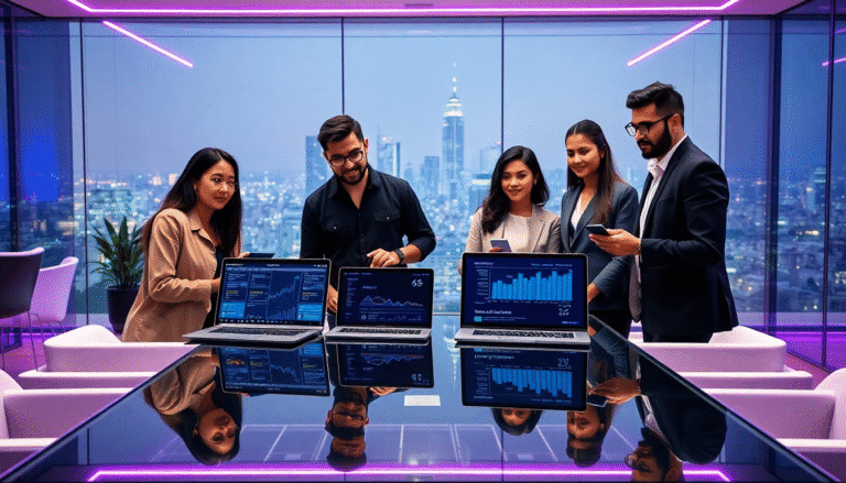 Cinco profissionais estão reunidos em uma sala moderna com vista para uma cidade iluminada à noite. Eles estão em pé ao redor de uma mesa de vidro refletiva, onde três laptops exibem gráficos e dados em um ambiente sofisticado, com iluminação em tons de rosa e uma atmosfera de trabalho colaborativo. Todos parecem engajados, discutindo informações apresentadas nas telas, enquanto um dos participantes verifica seu celular. A decoração minimalista e as cadeiras elegantes complementam o ambiente contemporâneo.