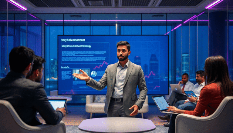 Uma sala de conferências moderna e iluminada por luzes de néon, onde um homem vestido de terno apresenta uma estratégia de conteúdo a um grupo de colegas. Na tela ao fundo, gráficos e informações sobre "Story Driven Content Strategy" (Estratégia de Conteúdo Baseada em Histórias) estão claramente visíveis. Os participantes, sentados em cadeiras confortáveis, observam com interesse, alguns utilizando laptops e tablets. A vista da cidade à noite pode ser vista pelas janelas do salão.