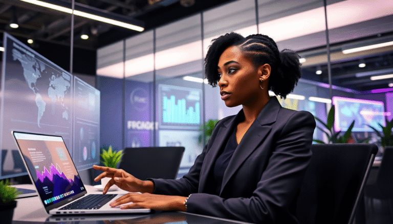 Uma mulher com cabelo crespo e estilizado, vestindo um terno escuro, está sentada em uma mesa de escritório moderna. Ela está concentrada em seu laptop aberto, que exibe gráficos coloridos e dados analíticos. Ao fundo, painéis com informações visuais e plantas decorativas criam um ambiente de trabalho dinâmico e tecnológico. A iluminação é suave, destacando o profissionalismo do espaço.