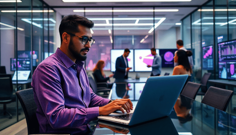 Um homem com barba e óculos, vestido com uma camisa roxa, está sentado em uma mesa de vidro em um escritório moderno. Ele está focado em seu laptop, digitando enquanto várias telas ao fundo exibem gráficos e dados. O ambiente é iluminado por luz natural, com janelas de vidro e um design contemporâneo. Ao fundo, outras pessoas discutem e interagem, refletindo um ambiente colaborativo e dinâmico.