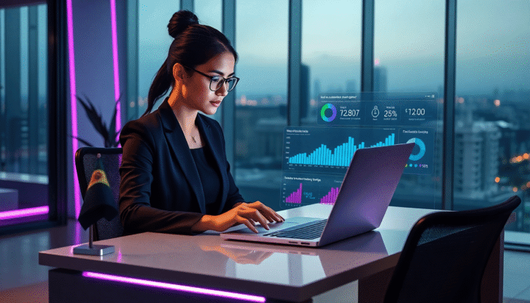 Uma mulher em traje formal trabalha em um laptop em um ambiente de escritório moderno, decorado com iluminação em tons de rosa. Ao fundo, há uma vista panorâmica da cidade, enquanto gráficos e dados são exibidos em uma tela transparente próxima ao seu computador. A profissional parece focused, analisando informações e tomando decisões em um ambiente de trabalho dinâmico e tecnológico.