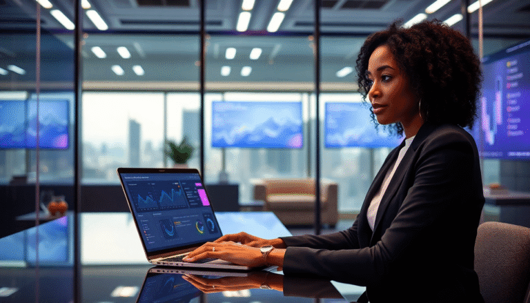 A imagem mostra uma mulher com cabelo cacheado, vestindo um terno formal, sentada à mesa de um escritório moderno. Ela está concentrada, digitando em um laptop que exibe gráficos e dados analíticos. Ao fundo, janelas de vidro revelam uma vista panorâmica da cidade com edifícios altos. Na sala, telas adicionais apresentam informações e gráficos sofisticados, e há uma planta ao lado. A atmosfera é profissional e tecnológica, refletindo um ambiente de trabalho dinâmico.