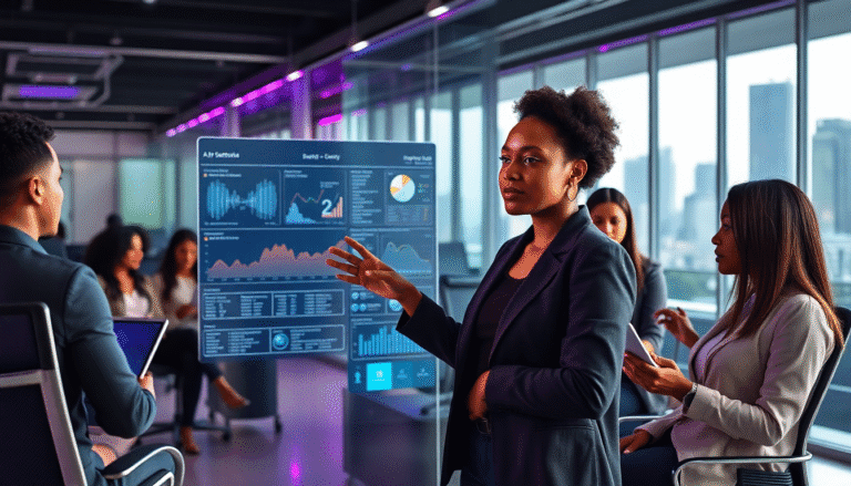 Uma mulher vestida formalmente se apresenta em uma sala de reuniões moderna, com janelas que oferecem uma vista da cidade ao fundo. Ela está diante de um quadro interativo que exibe gráficos e dados, indicando uma apresentação de análise. Os ouvintes, compostos por várias pessoas em trajes profissionais, observam atentamente enquanto ela faz gestos explicativos. A atmosfera é de foco e colaboração, com uma iluminação suave que realça a seriedade do ambiente.