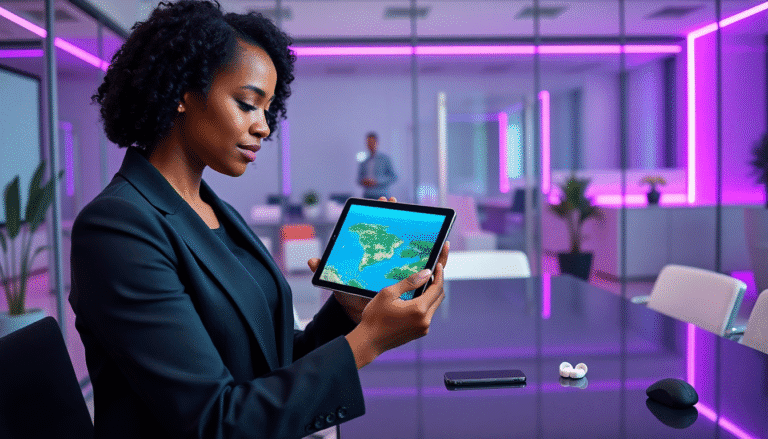 Uma mulher negra com cabelo cacheado é vista em um ambiente de escritório moderno, analisando um tablet que exibe uma imagem detalhada de uma ilha ou área costeira. Ela está vestindo um terno escuro e parece concentrada na tela. Ao fundo, há um homem em um traje formal, e a sala é iluminada por luzes de néon roxas, criando um ambiente contemporâneo. Na mesa, estão também um smartphone e fones de ouvido.