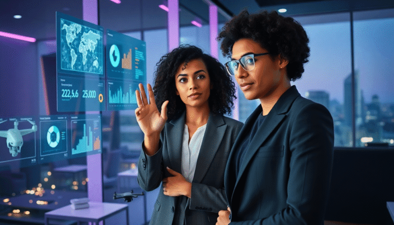 Duas profissionais estão em um escritório moderno, discutindo ideias enquanto analisam um painel de dados digitais que flutua em uma parede de vidro. Uma delas, com cabelo cacheado e vestido formal, gesticula enquanto fala, apontando para visualizações de gráficos e mapas. A outra, usando óculos e com cabelo crespo, observa atentamente. Ao fundo, é possível ver uma vista urbana ao entardecer, com luzes da cidade se acendendo. Um drone está posicionado em uma mesa ao lado.