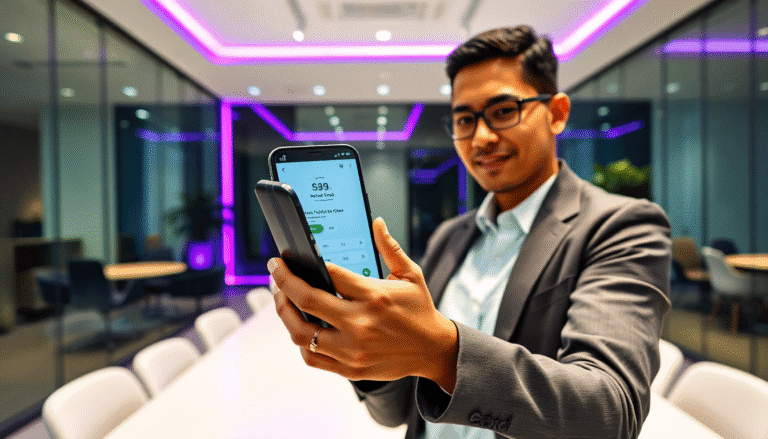 Um homem em um ambiente de escritório moderno, com janelas de vidro e iluminação em tons de roxo, está segurando um smartphone na mão. Ele parece concentrado e satisfeito enquanto observa a tela do aparelho, que exibe um aplicativo financeiro. O homem usa um blazer cinza e uma camisa clara, e está posicionado em frente a uma mesa de reuniões com cadeiras ao fundo.