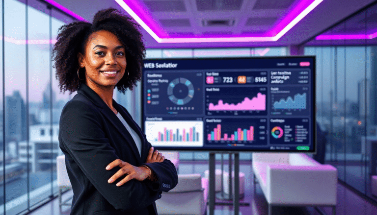 Uma mulher sorridente, com cabelo cacheado e solto, está vestindo um blazer preto e posando confiantemente em um moderno ambiente de escritório. Ao fundo, um grande painel exibe gráficos coloridos e dados analíticos, indicando métricas de desempenho e objetivos. O projeto de iluminação do escritório é contemporâneo, com luzes em tons de roxo, criando uma atmosfera dinâmica e profissional.