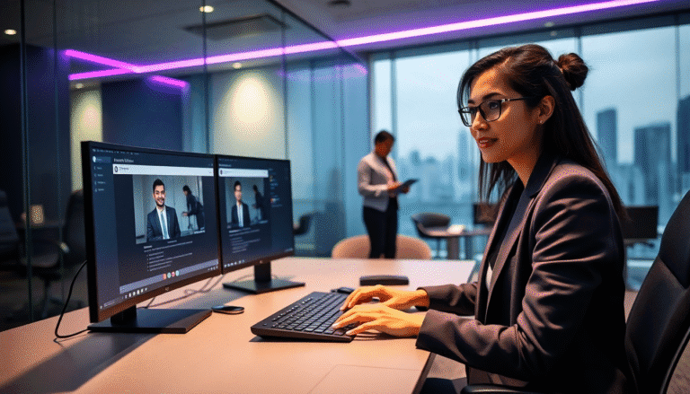 Um ambiente de escritório moderno com uma mulher usando um terno e óculos, sentada em frente a dois monitores. Ela está concentrada em teclar, enquanto na tela há uma imagem de um homem sorridente em um terno. Ao fundo, um colega lê um documento, com uma vista panorâmica de uma cidade moderna refletida nas grandes janelas. A iluminação da sala é contemporânea, com luzes em tons de roxo.