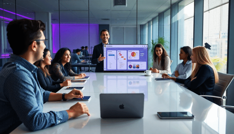 Texto alternativo: Um grupo de profissionais está reunido em uma sala de conferências moderna. Na mesa, seis pessoas estão atentas enquanto um homem, que está se apresentando, utiliza um grande monitor para exibir informações. O ambiente é iluminado com luzes LED roxas, e as janelas mostram uma vista de um cenário urbano. Todos parecem engajados na apresentação, com dispositivos eletrônicos sobre a mesa.