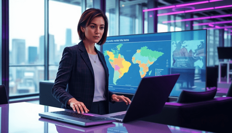 Uma mulher em traje profissional está trabalhando em um laptop em um ambiente moderno e bem iluminado. Ao fundo, uma tela exibe um mapa-múndi colorido, destacando diferentes regiões, enquanto janelas grandes revelam uma vista da cidade. A atmosfera é de concentração e tecnologia, sugerindo um cenário de trabalho dinâmico.