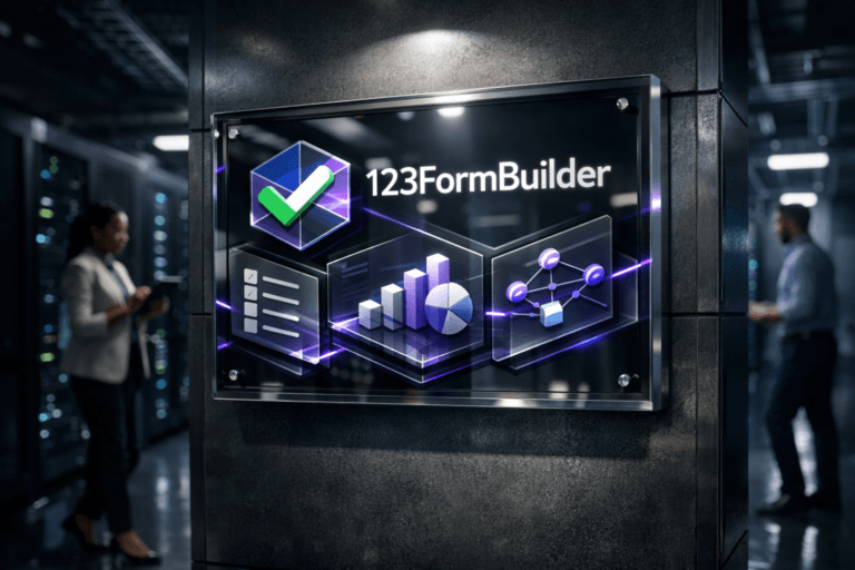 A photorealistic medium-wide cinematic shot, camera positioned approximately 1–2 meters from the subject, capturing a sleek physical 3D isometric 123FormBuilder logo as the hero object, realized as a glossy glass-and-metal wall-mounted display panel at the center of the frame, the official 123FormBuilder logo clearly visible on the illuminated interface along with subtle 3D isometric UI tiles suggesting online forms, analytics dashboards, and integration flows, all mounted realistically to the structure and nearby screens within a cold enterprise data infrastructure corridor. The object integrates subtle electric-purple #7B63FF accent lines and edge glows running through the logo and UI tiles, indicating intelligent data flow and automation without overpowering realism. Set in a cold Tech-Noir data center corridor lined with tall matte-black server racks on both sides, reflective polished floor catching faint purple and cool white highlights, cable trays and blinking status LEDs adding depth and atmosphere, with one or two diverse professionals in business-casual attire softly out of focus in the background, walking past or checking a tablet near the racks as natural human presence. Lighting is low-key and practical, coming from the server rack LEDs and screens, complemented by a soft integrated white spotlight from above and slightly to the side of the 123FormBuilder logo display, gently revealing form, texture, and depth on the logo panel, metal surfaces, and server details. Cinematic realism, 35mm lens look, natural shallow-to-medium depth of field, neutral corporate tones with restrained neon purple accents, premium materials, ultra-detailed, 8K, no captions, no text overlays, no watermarks.