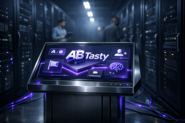 A photorealistic medium-wide cinematic shot, camera positioned approximately 1–2 meters from the subject, capturing a sleek, waist-high glass-and-metal control console in the middle of a data center aisle, its embedded display showing the official AB Tasty logo in crisp 3D isometric perspective along with subtle abstract UI tiles suggesting A/B testing, personalization, feature flags and AI analytics, all clearly readable and physically integrated into the screen. The object integrates subtle electric-purple accents indicating intelligence or activity without overpowering realism, with the purple glow threading through interface lines and a few cable details on the floor. Set in a cold, narrow Tech-Noir data center corridor flanked by tall black server racks filled with blinking status LEDs and neatly organized cabling, faint blue-violet atmospheric haze receding into the distance, with a couple of diverse IT engineers in smart-casual attire in soft focus at the far end of the corridor, one checking a tablet and another walking past the racks, providing natural human presence without competing with the hero console. Lighting is low-key and practical, coming from overhead industrial strip lights, server LEDs and the console screen, complemented by a soft integrated white spotlight from above and slightly to the side, gently revealing the console’s glass reflections, brushed metal texture and depth of the racks. Cinematic realism, natural depth of field, premium materials, ultra-detailed, 8K, no captions, no text overlays, no watermarks.