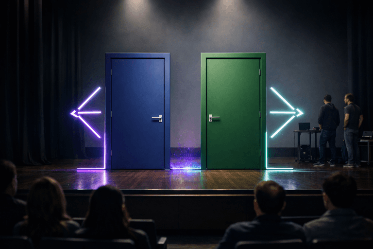A photorealistic medium-wide cinematic shot, camera positioned approximately 1–2 meters from the subject, capturing two full-height modern doors standing side by side at the center of a dark wooden theater stage, the left door in a deep matte blue and the right door in a rich matte green, each with clean metal handles and framed by thin luminous LED arrows embedded in the floor and side walls that split and point clearly toward each door, symbolizing precise product A/B testing choices, clearly readable within a realistic environment. The object integrates subtle electric-purple (#7B63FF) accents as delicate neon edge lighting along the arrows and a faint, data-like glow on the stage floor between the doors, indicating intelligence and experimentation activity without overpowering realism. Set in a contemporary tech-conference theater with a dark polished wooden stage, minimal black stage curtains, and a softly illuminated backdrop that falls off into a cool neutral gradient, with silhouettes of diverse professionals seated in the dim audience and one or two casually dressed product and engineering team members standing discretely at the far side of the stage near a low laptop stand and small equipment case, providing natural human presence in the background and periphery. Lighting is low-key and practical, coming from subtle recessed stage lights at the stage edge and the ambient glow of hidden LED strips, complemented by a soft integrated white spotlight from above that pools around the two doors and their arrows, gently revealing the form, texture, and depth of the doors, floorboards, and subtle tech-noir reflections, with a hint of electric purple and teal rim light adding a futuristic SaaS ambiance. Cinematic realism, 35mm–50mm lens look, natural shallow-to-medium depth of field, neutral corporate color palette with restrained neon accents, premium materials, ultra-detailed, 8K, no captions, no text, no UI labels, no watermarks.