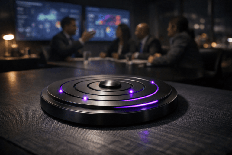 A photorealistic medium-wide cinematic shot, camera positioned approximately 1–2 meters from the subject, capturing a sleek physical dartboard-style circular target with multiple raised concentric rings, designed as a premium matte tabletop object that symbolizes strategic accounts, resting on a dark conference table with a refined, fabric-like checkered texture subtly reminiscent of a restaurant tablecloth, clearly readable within a realistic environment. The object integrates subtle electric-purple (#7B63FF) accents along select ring edges and glowing indicator points, suggesting intelligent account activity and segmentation without overpowering realism. Set in a modern B2B “war room” meeting space at night, with large wall-mounted screens in the background showing soft-focus analytics dashboards, heatmaps, and account activity visuals without legible text, faint reflections of city lights on glass, and a small diverse group of professionals in business attire collaborating and gesturing around the room, kept slightly out of focus so the target object remains the hero. Lighting is low-key and practical, coming from the dim glow of the dashboards, a side desk lamp, and a soft integrated white spotlight from above that gently reveals the form, texture, and depth of the target and table surface, creating subtle reflections and shadows. Cinematic realism, natural shallow-to-medium depth of field, neutral corporate tones with restrained electric-purple neon accents, premium materials, ultra-detailed, 8K, no captions, no visible logos, no text overlays, no watermarks.