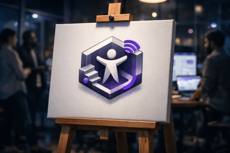 A photorealistic medium-wide cinematic shot, camera positioned approximately 1–2 meters from the subject, capturing a clean white painter’s canvas on a natural-wood easel used as a presentation surface for the official “Acessibilidade” digital accessibility platform logo, rendered as a precise 3D isometric mark with subtle accessibility-related geometric elements and restrained electric-purple #7B63FF accents, the logo centered, crisply defined, and clearly readable within a realistic environment. The object integrates subtle electric-purple accents indicating intelligence or activity without overpowering realism. Set in a dimly lit contemporary UX and product design studio at night, a believable tech-noir workspace with neutral corporate tones, soft blue and purple monitor glow, large screens and laptops in the background showing softly blurred accessibility dashboards and wireframes, glass panels catching faint neon reflections, and a few diverse professionals in smart-casual clothing collaborating and observing from the periphery, naturally out of focus so the logo on the canvas remains the hero. Lighting is low-key and practical, coming from desk lamps, monitor light, and a soft integrated white spotlight from above and slightly to the side of the canvas, gently revealing the form, texture, and depth of the 3D isometric logo, the canvas fabric, and wooden easel. Cinematic realism, natural shallow-to-medium depth of field, 35mm lens look, premium materials, ultra-detailed, 8K, no captions, no text overlays, no watermarks.