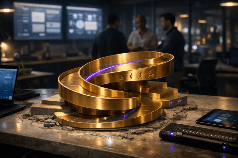 A photorealistic medium-wide cinematic shot, camera positioned approximately 1–2 meters from the subject, capturing a polished golden spiral ramp architectural model in brushed metal, connecting several stepped levels and resting solidly on a ceramic-topped table lightly smeared with dried gray clay from recent tactile prototyping, the ramp detailed with engraved universal accessibility icons and subtle tactile markings, surrounded by a few discreet digital devices like a laptop, tablet, and braille display, their interface glow catching the edges of the sculpture so its contours and details remain clearly readable within a realistic environment. The object integrates subtle electric-purple (#7B63FF) accents indicating intelligence or activity without overpowering realism, with a faint electric-purple reflection tracing along the inner curve of the ramp and in small indicator lights on nearby devices. Set in a dim, contemporary UX and digital product design studio at night, centered around the ceramic table as a working surface, with large wall-mounted monitors in the background showing softly blurred interface layouts and analytics dashboards, glass walls hinting at the rest of a modern tech office and distant city lights with restrained neon tones, and a small, diverse group of professionals in smart-casual attire in soft focus at the periphery, observing tests and discussing work around the table. Lighting is low-key and practical, coming from monitor glow, a desk lamp, and a few ceiling fixtures, complemented by a soft integrated white spotlight from above and slightly to the side, gently revealing the form, texture, and depth of the golden ramp, the ceramic surface, and surrounding devices. Cinematic realism, natural depth of field, premium materials, ultra-detailed, 8K, no text, no captions, no watermarks.