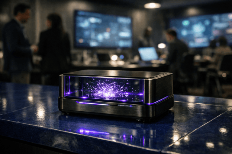 A photorealistic medium-wide cinematic shot, camera positioned approximately 1–2 meters from the subject, capturing a sleek real-world activation console as the hero object: a compact black and brushed-metal device resting on a glossy cobalt-blue vitrified ceramic countertop, its top surface containing a transparent glass chamber where a controlled burst of tiny illuminated particles appears frozen mid-explosion, clearly readable as the focal point within a realistic environment. The object integrates subtle electric-purple #7B63FF accents glowing softly inside the particle chamber and along thin indicator lines on the device, indicating intelligence and live data activity without overpowering realism. Set in a dimly lit B2B event operations room in São Paulo with a subtle tech-noir mood, featuring large wall-mounted screens and projections showing abstracted, out-of-focus analytics, additional workstations with laptops and cables, and a diverse group of realistic professionals in smart-casual attire moving and collaborating in the softly blurred background and periphery. Lighting is low-key and practical, coming from the glow of the wall screens, desk lamps, and the device itself, complemented by a soft integrated white spotlight from above, gently revealing the form, texture, and depth of the console and the cobalt ceramic surface, with reflections and subtle shadows adding realism. Cinematic realism, natural shallow-to-medium depth of field, 35mm lens look, neutral corporate tones with restrained neon purple and teal highlights, premium materials, ultra-detailed, 8K, no text, no visible brand logos, no watermarks.