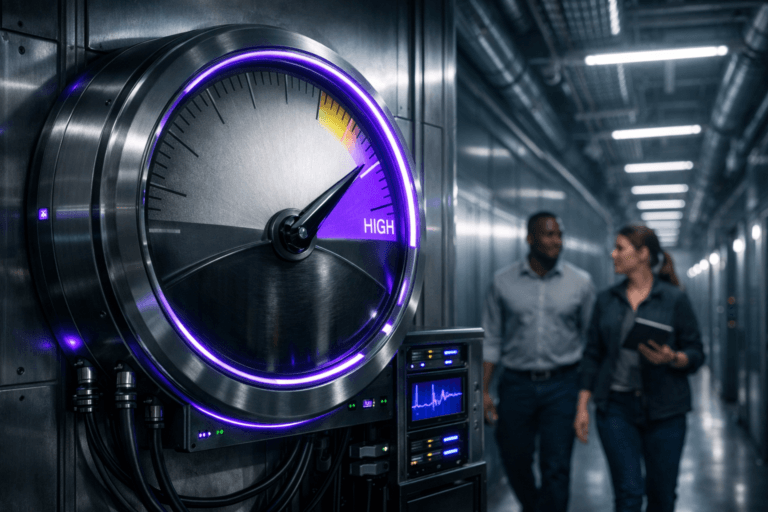 A photorealistic medium-wide cinematic shot, camera positioned approximately 1–2 meters from the subject, capturing a giant industrial analog “activation” energy meter mounted on the wall of a sleek metallic corridor, the large circular dial and bold needle clearly readable as it pulses toward a high activation zone, with subtle motion blur and a segmented color band that transitions from neutral grays to a vivid electric purple accent near the optimal range, fine glass reflections and brushed metal housing, connected by thick cables to a nearby compact rack of servers and small screens showing abstract, textless metric graphs. The object integrates subtle electric-purple (#7B63FF) accents indicating intelligence or activity without overpowering realism, such as a thin glowing ring around the meter, faint LED indicators, and a discreet light strip along the edge of the device. Set in a clean, high-tech ventilation and utility tunnel of a modern data center, with ribbed metal walls, exposed ducts, cable trays, and distant cooling vents receding in perspective, bathed in cool blue-gray tones and restrained neon reflections, while two realistic, diverse professionals in smart-casual tech attire walk in the background, slightly out of focus, one holding a tablet and casually glancing at the meter as they pass, adding believable human presence without stealing focus. Lighting is low-key and practical, coming from overhead linear LED strips, small indicator lights on equipment, and the soft electric-purple accents on the meter, complemented by a soft integrated white spotlight from the upper side that gently reveals the form, texture, and depth of the activation meter and nearby wall details, creating subtle contrast and cinematic shadows. Cinematic realism, natural shallow-to-medium depth of field, premium materials, ultra-detailed textures on metal, glass, and clothing, crisp yet atmospheric, 35mm lens look, 8K resolution, no captions, no text overlays, no watermarks.