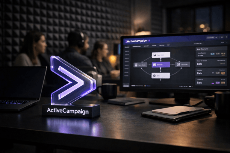 A photorealistic medium-wide cinematic shot, camera positioned approximately 1–2 meters from the subject, capturing a sleek matte-black desk in a modern marketing operations room, where a solid 3D acrylic ActiveCampaign logo sculpture sits firmly on the desktop beside a high-end laptop and a large ultrawide monitor displaying the ActiveCampaign marketing automation dashboard, the official ActiveCampaign logo clearly visible both on the physical logo sculpture and on the screen within a realistic user interface, clearly readable within a realistic environment. The object integrates subtle electric-purple (#7B63FF) accents indicating intelligence or activity without overpowering realism, with thin LED edge-lighting along the acrylic logo and soft reflections of purple from UI highlights and keyboard backlighting. Set in a dim, real-world Tech-Noir office environment with dark gray egg-crate acoustic-foam wall panels as a sound-treated backdrop, scattered notebooks and coffee mugs suggesting active work, and a small, diverse group of marketing professionals collaborating in the background, slightly out of focus at neighboring workstations. Lighting is low-key and practical, coming from the glowing monitors, a desk lamp, and a narrow side window with faint city lights at night, complemented by a soft integrated white spotlight from above that gently reveals the form, texture, and depth of the ActiveCampaign logo sculpture, desk surface, and acoustic foam patterns. Cinematic realism, natural shallow-to-medium depth of field, premium materials, ultra-detailed, 8K, neutral corporate color palette with restrained neon purple accents, no captions, no text overlays, no watermarks.