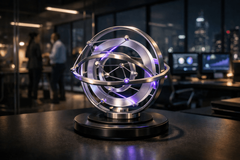 A photorealistic medium-wide cinematic shot, camera positioned approximately 1–2 meters from the subject, capturing a polished metal and frosted-glass desk sculpture that physically represents Adaptive Learning as layered concentric rings and interconnected nodes forming a stylized knowledge graph, softly illuminated from within, resting on a sleek black circular wireless charging pad on a dark matte office desk, clearly readable within a realistic environment. The object integrates subtle electric-purple #7B63FF accents along its inner edges and tiny status-like light pulses indicating intelligence and real-time adjustment without overpowering realism. Set in a dim late-night SaaS office with floor-to-ceiling windows revealing a moody tech-noir city skyline, soft reflections on glass partitions, and multiple out-of-focus monitors displaying abstract dashboards and data visualizations, with a few diverse professionals in business-casual attire collaborating in the background near a glass wall, captured candidly and slightly blurred so they remain secondary to the object. Lighting is low-key and practical, coming from computer screens, a desk lamp, and distant overhead strips, complemented by a soft integrated white spotlight from above and slightly to the side focused on the sculpture and charging base, gently revealing form, texture, and depth in the metal, glass, and desk surface. Cinematic realism, 35mm lens look, natural shallow-to-medium depth of field, neutral corporate tones with restrained neon purple accents, premium materials, ultra-detailed, 8K, no text, no captions, no UI legibility, no logos, no watermarks.