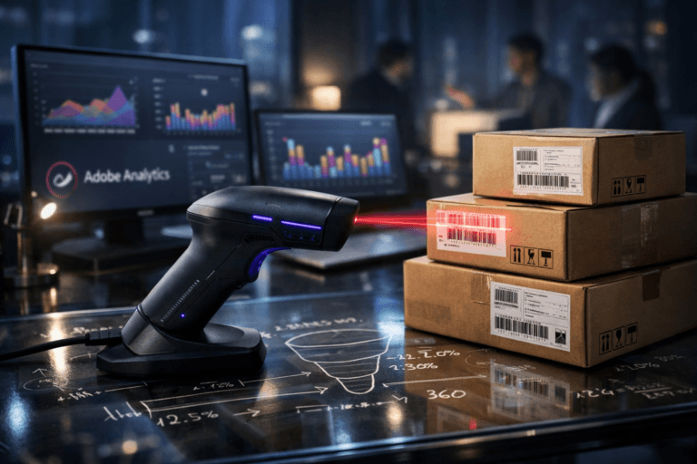 A photorealistic medium-wide cinematic shot, camera positioned approximately 1–2 meters from the subject, capturing a sleek, modern laser barcode scanner resting on a glass desk, its beam actively reading a neatly stacked pile of shipping boxes with clear labels and barcodes, all sharply in focus and clearly readable within a realistic environment; the scanner body is matte black with subtle electric-purple #7B63FF indicator lights and faint circuitry-like accents suggesting intelligent analytics, while the boxes show organized, structured placement to imply refined data architecture. The glass surface beneath them is covered with softly glowing white marker formulas, funnel diagrams, and numeric annotations drawn directly on the glass, slightly out of perfect alignment to feel human and analytic. Just behind the hero object, a high-end monitor and a slim laptop display complex Adobe Analytics dashboards with multicolored graphs and charts (no legible text), with the official Adobe Analytics logo clearly visible and realistically placed in the corner of one of the screens. Set in a dimly lit, late-night ecommerce analytics war room in a corporate office, with floor-to-ceiling windows hinting at a moody tech-noir cityscape outside, distant neon reflections in cool blues and purples playing across the glass surfaces. Natural human presence appears in the soft-focus background: a diverse group of data analysts in business-casual attire collaborating around other workstations, gesturing to screens and dashboards, their faces lit by monitor glow but remaining secondary to the scanner and boxes in the foreground. Lighting is low-key and practical, coming from the monitor screens, a discrete desk lamp, and a faint city glow through the windows, all complemented by a soft integrated white spotlight from the upper side that gently reveals the form and texture of the scanner, the cardboard boxes, and the glass surface with written formulas, creating rich shadows and depth. Cinematic realism, 35mm photographic look, natural shallow-to-medium depth of field, neutral corporate color palette with restrained electric-purple neon accents, premium materials, ultra-detailed, 8K, no captions, no text overlays, no watermarks.