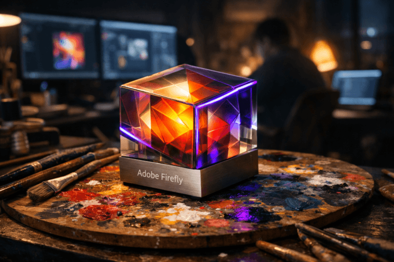 A photorealistic medium-wide cinematic shot, camera positioned approximately 1–2 meters from the subject, capturing a tangible premium desktop sculpture representing Adobe Firefly: a semi-translucent glass and brushed-metal geometric cube with colorful layered facets and a softly illuminated core, resting securely on a well-used wooden artist’s palette smeared with vibrant oil paints and scattered brushes, with the official Adobe Firefly logo subtly printed on the front face, clearly readable within a realistic environment. The object integrates subtle electric-purple accents (#7B63FF) indicating intelligence or activity without overpowering realism. Set in a dimly lit hybrid creative studio at night, the paint-splattered palette sits on a cluttered worktable surrounded by analog art tools, while dual computer monitors and a laptop with design software cast a cool digital glow in the background, a creative professional slightly out of focus working at the desk adding natural human presence in the periphery. Lighting is low-key and practical, coming from monitor glow, a warm desk lamp and faint city light through a window, complemented by a soft integrated white spotlight from above and slightly to the side, gently revealing form, texture, and depth. Cinematic realism, subtle tech-noir mood, natural depth of field, premium materials, ultra-detailed, 8K, 35mm lens, no captions, no text overlays, no watermarks.