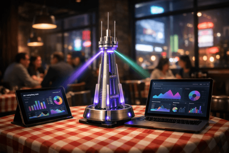 A photorealistic medium-wide cinematic shot, camera positioned approximately 1–2 meters from the subject, capturing a sleek, futuristic miniature transmission tower centerpiece made of brushed metal and glass, emitting soft beams of colored light toward nearby tablets and laptops showing abstract ad campaign dashboards, placed on a restaurant table with a classic red-and-white checkered tablecloth, clearly readable within a realistic environment. The object integrates subtle electric-purple #7B63FF accents in its LED strips and light reflections, indicating intelligence and real-time AdTech activity without overpowering realism. Set in a moody, modern urban restaurant at night, with warm wooden furniture, large windows revealing neon-lit city streets and digital billboards outside, and other diners plus a small group of marketing professionals collaborating at neighboring tables in soft focus, providing natural human presence in the background and periphery. Lighting is low-key and practical from pendant lamps and screen glow, complemented by a soft integrated white spotlight from above and slightly to the side, gently revealing form, texture, and depth on the transmission tower, devices, and tabletop; cinematic realism, natural shallow-to-medium depth of field, 35mm lens look, neutral corporate tones with restrained neon highlights, premium materials, ultra-detailed, 8K, no captions, no text overlays, no watermarks.