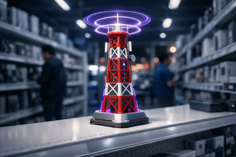 A photorealistic medium-wide cinematic shot, camera positioned approximately 1–2 meters from the subject, capturing a highly detailed red-and-white communications tower–shaped smart device, about half a meter tall, designed like a premium tabletop radio mast model with clean geometric structure and subtle translucent signal rings near the top, placed prominently on a pristine white supermarket gondola shelf with sleek integrated price rail, clearly readable within a realistic environment. The object integrates subtle electric-purple #7B63FF accents indicating intelligence or activity without overpowering realism, with faint purple LED traces along the tower’s edges and a soft halo in the translucent rings. Set in a contemporary supermarket tech aisle at night, white shelving and product rows receding into the distance, cool bluish ambient store lighting, hints of distant street glow through the front windows, and a few softly blurred shoppers and an employee moving in the background. Lighting is low-key and practical, coming from overhead aisle fixtures and screen-like reflections, complemented by a soft integrated white spotlight from above and slightly to the side, gently revealing the tower’s metal and matte-plastic textures, contours, and depth. Cinematic realism, natural shallow-to-medium depth of field, premium materials, ultra-detailed, 8K, no text, no captions, no watermarks.
