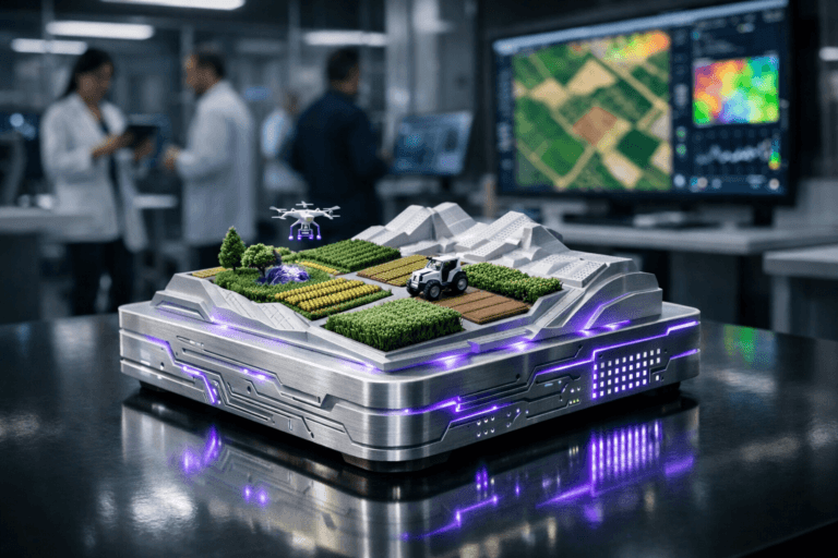 A photorealistic medium-wide cinematic shot, camera positioned approximately 1–2 meters from the subject, capturing a refined real-world hero object representing precision agriculture: a polished tabletop sculpture that looks like a miniature farm landscape fused with a data chip, featuring a stylized 3D terrain with segmented crop plots, tiny embedded icons of a drone and a tractor, fine circuit-like inlays and micro-LED grid lines, crafted in matte white and brushed aluminum with subtle electric-purple (#7B63FF) light traces glowing along the contours to indicate intelligence and real-time analytics, clearly readable within a realistic environment. The object integrates subtle electric-purple accents indicating intelligence or activity without overpowering realism. Set in a high-tech agricultural clean room control center, a sterile yet cinematic space with glass partitions, sleek white workstations, and large wall-mounted screens displaying satellite imagery, multicolored heatmaps of Brazilian crop fields, and live sensor data visualizations; a few realistic, diverse agronomists and data engineers in lab coats or smart-casual attire move and collaborate in the background, slightly out of focus, studying the displays and tablets, reinforcing the connection between field data, AI models, and real-world farm decisions. Lighting is low-key and practical for a lab: soft bright white overhead panels and the cool glow of monitors create a controlled ambient base, while a gentle, integrated white spotlight from the side highlights the sculpture’s form, textures, and reflections on the polished table surface, casting crisp but soft-edged shadows; subtle tech-noir mood is achieved through cool neutral tones, deep shadows at the room’s edges, and restrained electric-purple accents in the UI glows and light reflections. Cinematic realism, 35mm lens look, natural shallow-to-medium depth of field keeping the hero object in sharp focus and the people and screens tastefully blurred, premium materials, ultra-detailed, no text or captions, no watermarks, 8K.